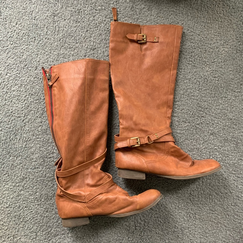 Knee High Tall Brown Leather Boots Red Zipper